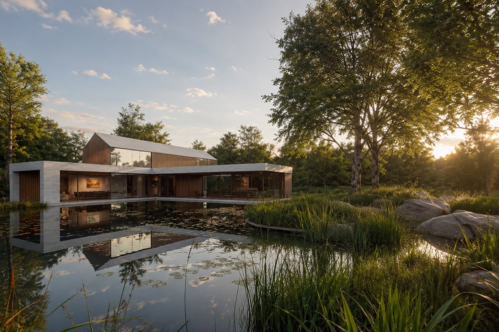 Contemporary low-energy countryside home beside a reflective natural pond at golden hour, featuring timber cladding, expansive glazing, and a calm wetland landscape designed in harmony with the surrounding English woodland.