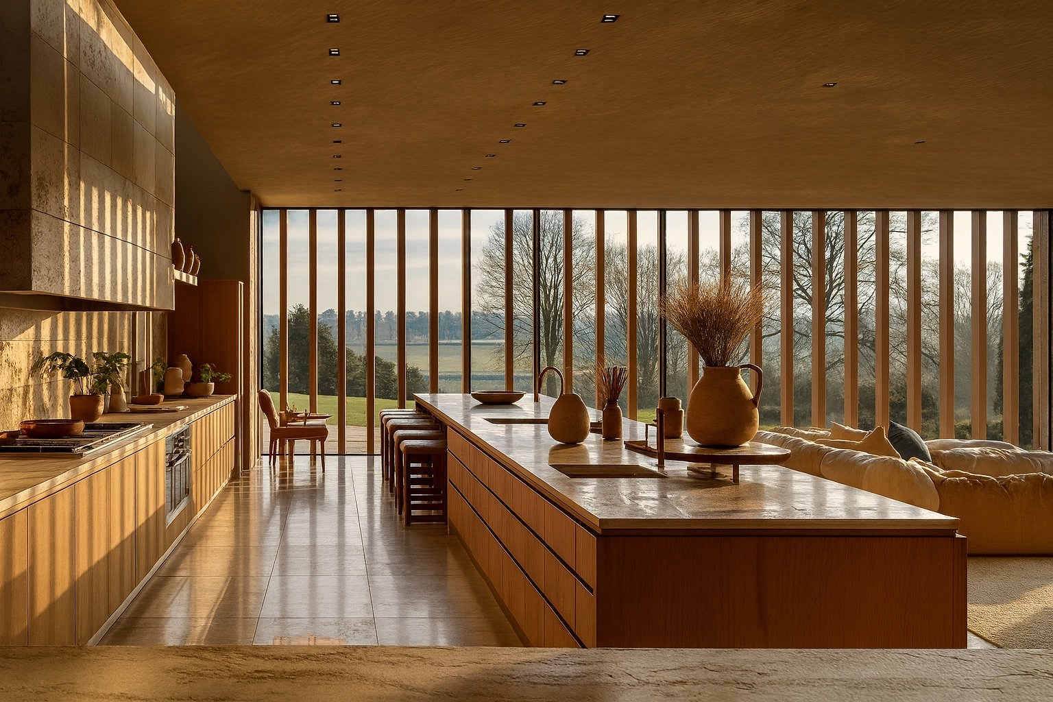 Open-plan kitchen and living space of a Paragraph 84 countryside house, featuring timber cabinetry, stone worktops, clay-toned finishes and full-height glazed windows framing rural landscape views, designed with natural light, simplicity and sustainable architecture in mind