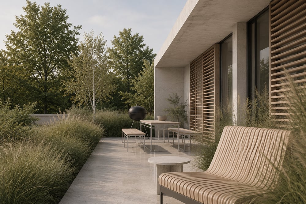 A stone-paved terrace beside a concrete house, with adjustable timber louvred screens shading full-height windows, a curved slatted timber bench, an outdoor dining table and a charcoal grill, framed by ornamental grasses and trees. RISE Design Studio.