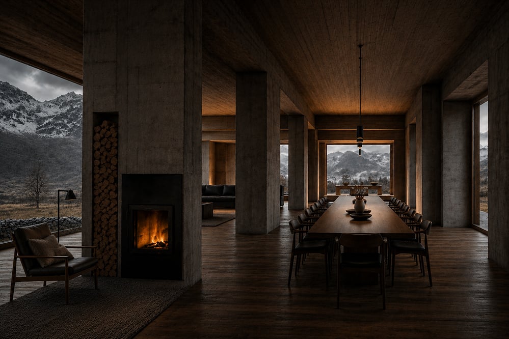 Dining room in a contemporary Welsh mountain house, featuring exposed timber ceilings, board-marked concrete columns, a long oak dining table, wood-burning fireplace, integrated log store, and panoramic views towards Snowdonia.
