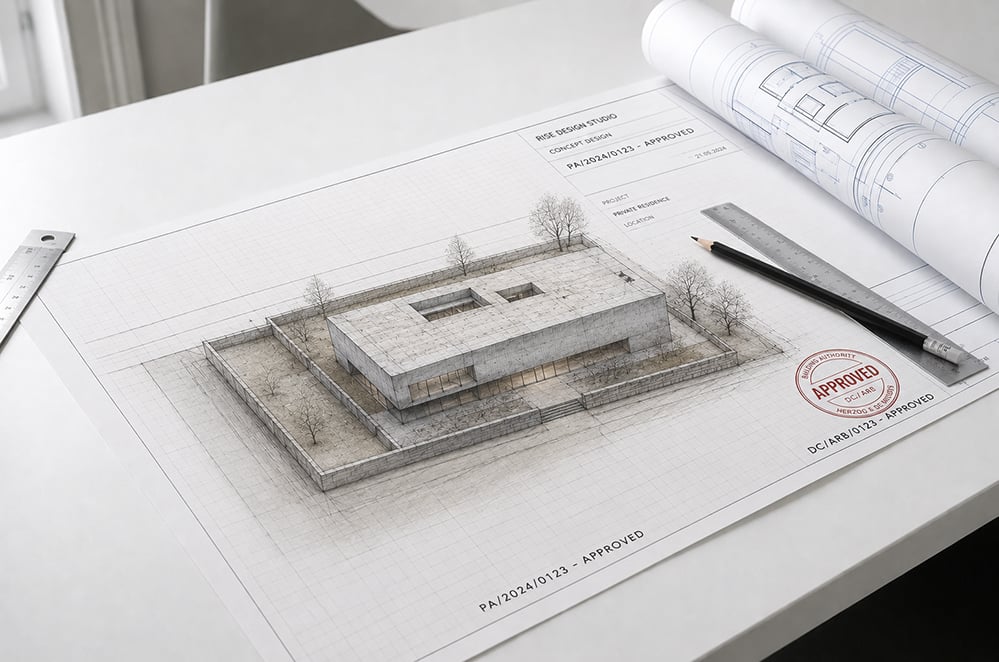 Architectural site plan with approved stamp showing contemporary sustainable home design with planning permission documentation