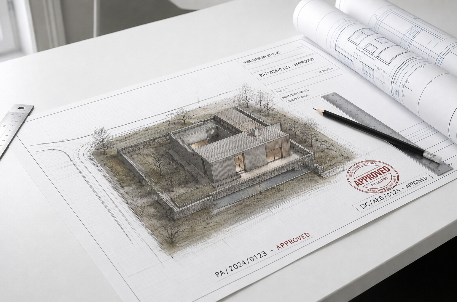 Architectural site plan with approved stamp showing contemporary sustainable home design with planning permission documentation