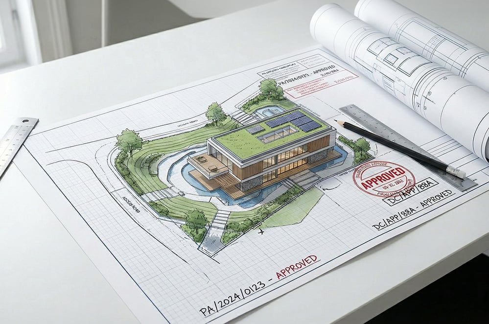 Architectural site plan with approved stamp showing contemporary sustainable home design with planning permission documentation