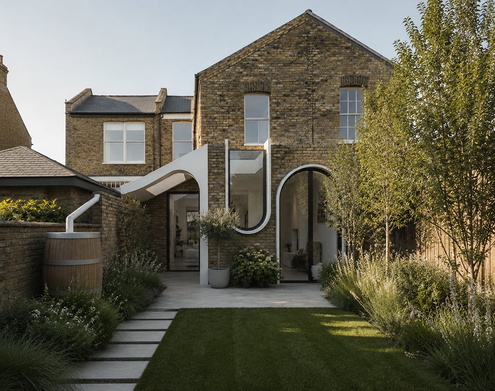 Rear garden of a Victorian brick house with a contemporary curved white extension and full-height arched glazing. A wooden water butt on the left collects rain from a white downpipe, beside a paved terrace, lawn with stepping stones, an olive tree and planting. RISE Design Studio.