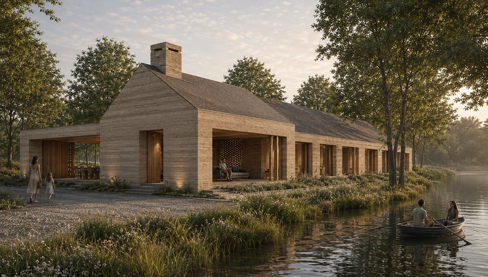 Exterior render of a proposed rammed earth barn-form house in rural Kent by RISE Design Studio, showing a gabled roof with brick chimney, timber front door and covered outdoor dining area, with a family walking a gravel path beside a lake at dusk and a couple rowing a boat on the water.