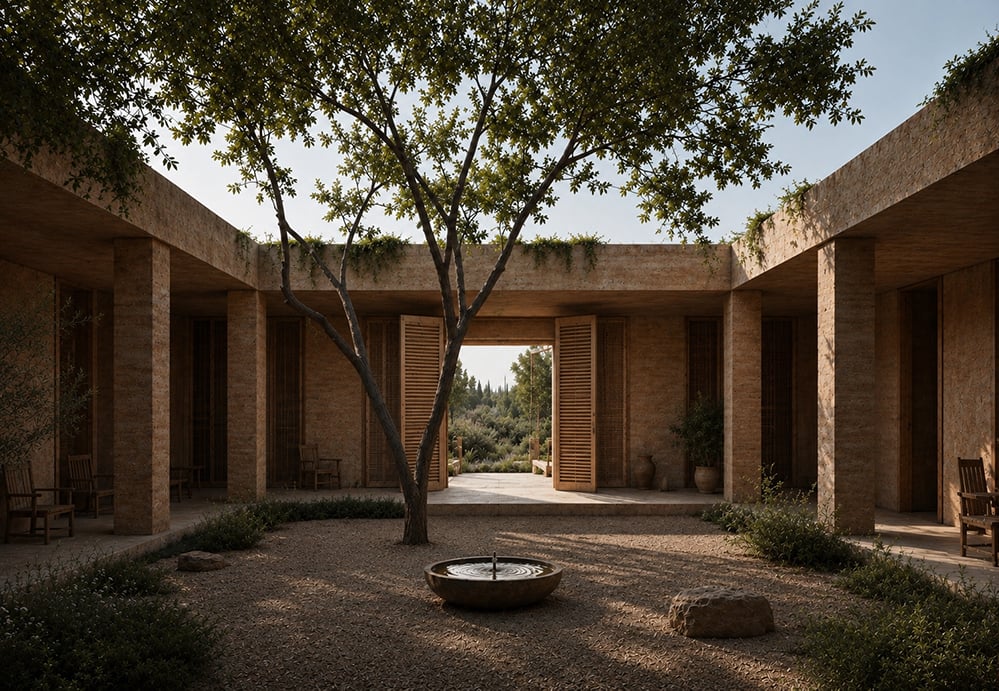 Render of the central courtyard of a rammed earth house near Barcelona, with a mature tree over a gravel floor, a stone water bowl, timber louvred shutters, planting trailing from the roof edge and a framed opening through to the garden beyond. RISE Design Studio.