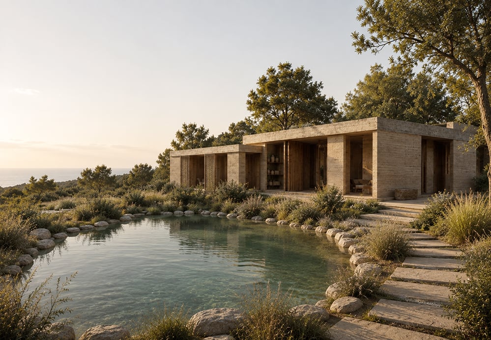 Render of a low, flat-roofed rammed earth house on a hillside near Barcelona in evening light, with deep covered openings, timber screens, a rock-edged natural swimming pond, Mediterranean grasses and the sea on the horizon. RISE Design Studio.