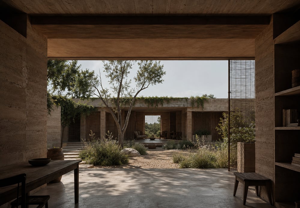 Render looking out from a shaded room across the courtyard of a rammed earth house, showing horizontal strata in the walls, a timber-lined ceiling, smooth mineral floor, mature tree, Mediterranean grasses and vines falling over the roof edge. RISE Design Studio.