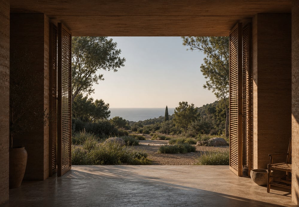 Render of full-height timber louvred shutters opening from a deep rammed earth threshold, framing a view over wild Mediterranean planting and pine trees to the sea near Barcelona, with low sun casting shadows across the stone floor. RISE Design Studio.