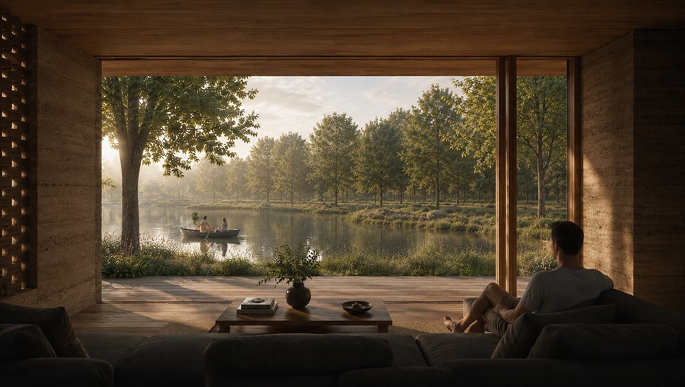 Interior view from within a proposed rammed earth home in Kent by RISE Design Studio, showing a living room with a dark sofa and timber coffee table looking through full-height glazing onto a lake, with two people rowing a wooden boat past reeds and trees in early morning light.