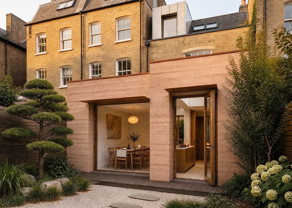 Rammed earth rear extension to a Victorian London terrace at dusk, with warm interior light visible through bronze-framed sliding doors, surrounded by a landscaped garden with cloud-pruned trees and hydrangeas.