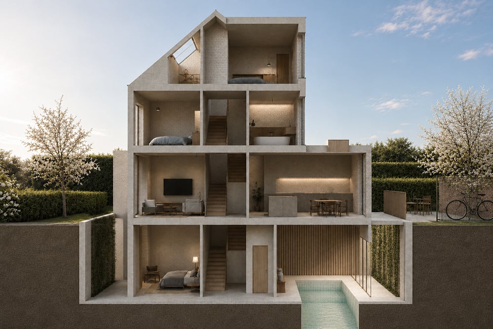 Sectional architectural rendering of Red Arches House by RISE Design Studio, revealing the basement swimming pool, open-plan living spaces and low-energy family home design in Kensal Rise, London.