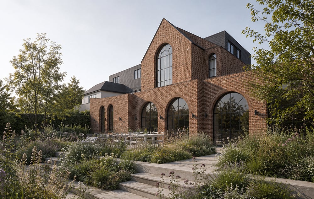 A retained red-brick building with tall arched steel-framed windows and a gabled roof, extended with a contemporary slate-clad addition behind, above a stone-paved terrace and steps rising through a densely planted garden of grasses and perennials. RISE Design Studio.