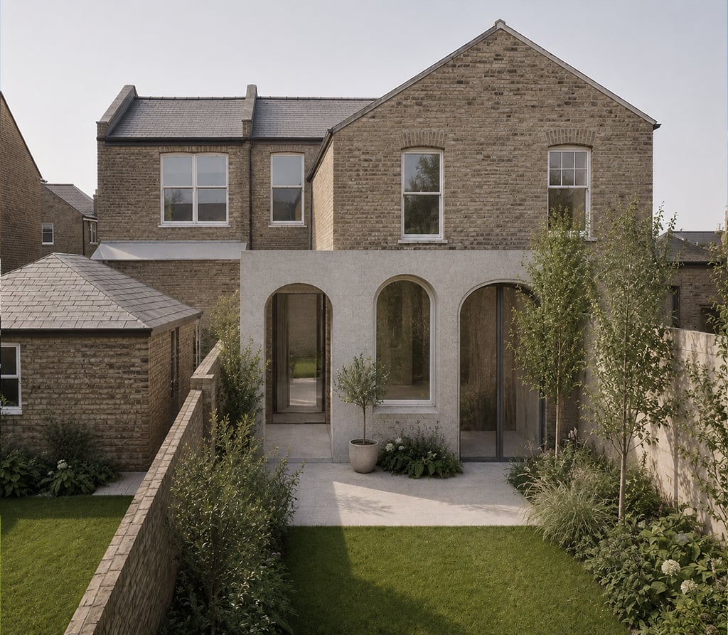 Contemporary rear extension to a London brick house featuring simple arched openings, large glazed doors, natural stone finishes and landscaped garden, creating a calm, light-filled connection between the home and outdoor space.