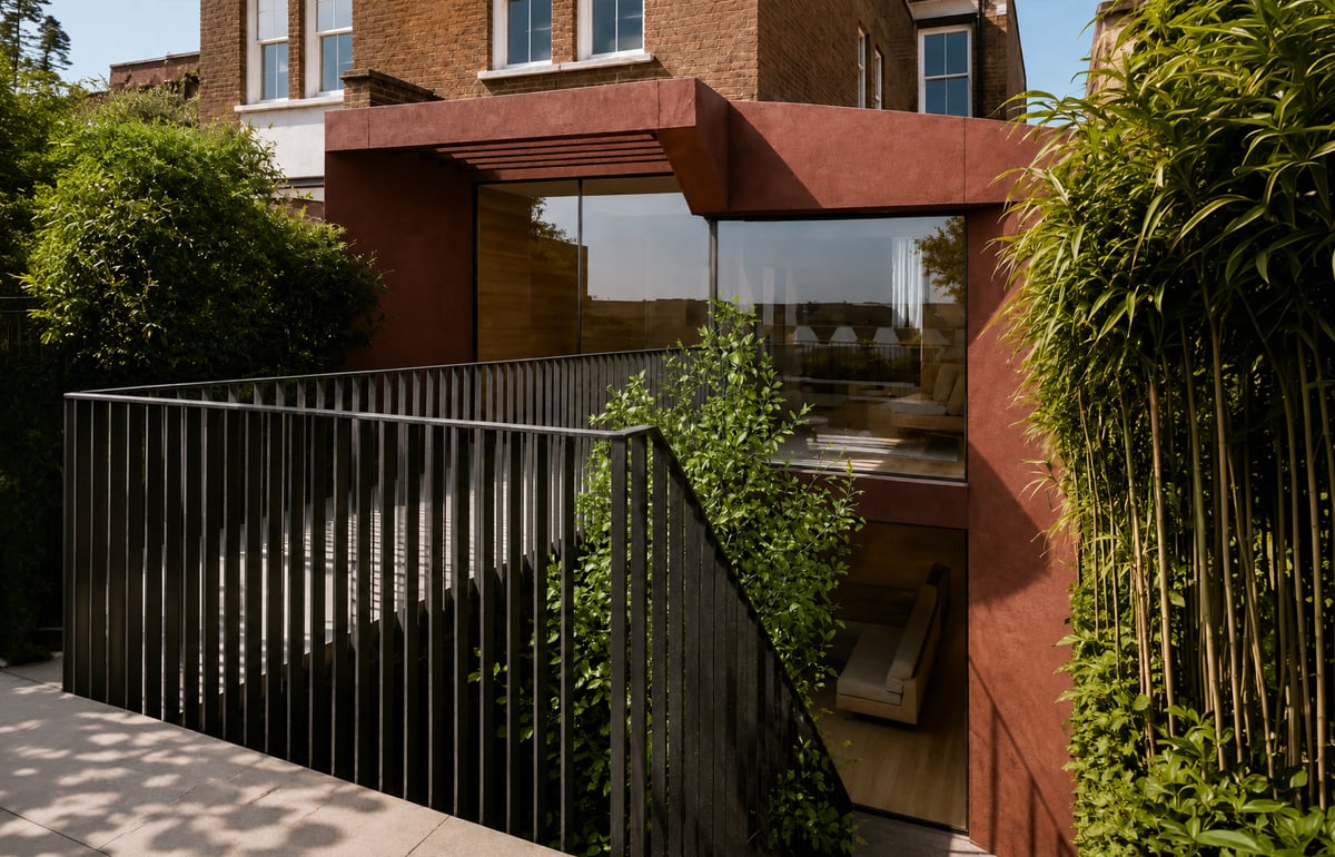 Sustainable retrofit home in Queens Park, London with deep red rendered extension, full-height glazing and dark timber screen