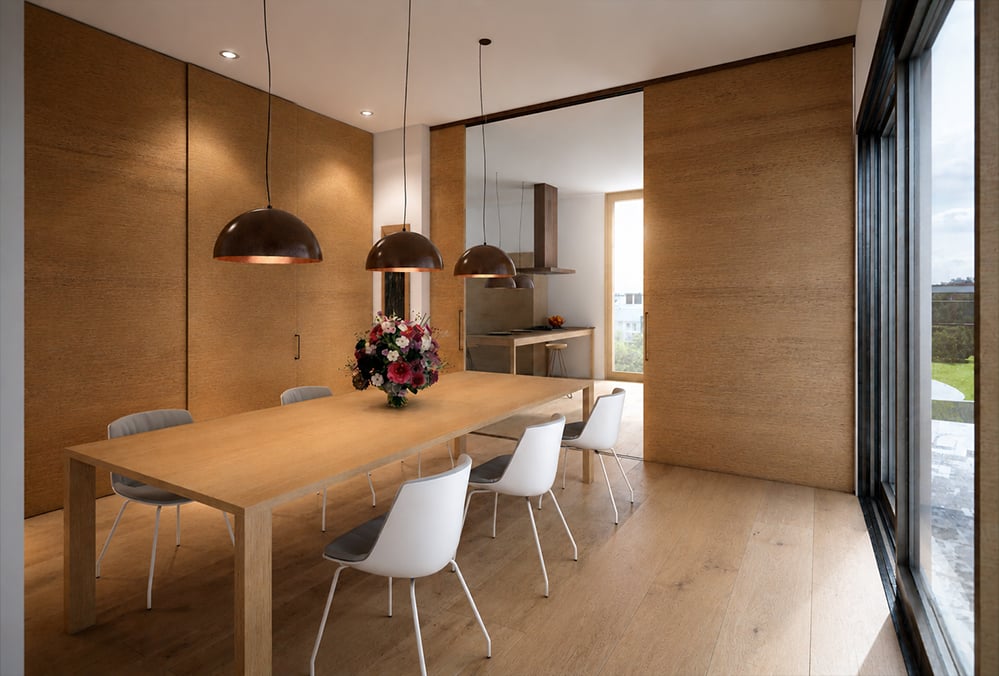 Sustainable new-build farmhouse dining room with wide dinesen oak floorboards and copper light shades
