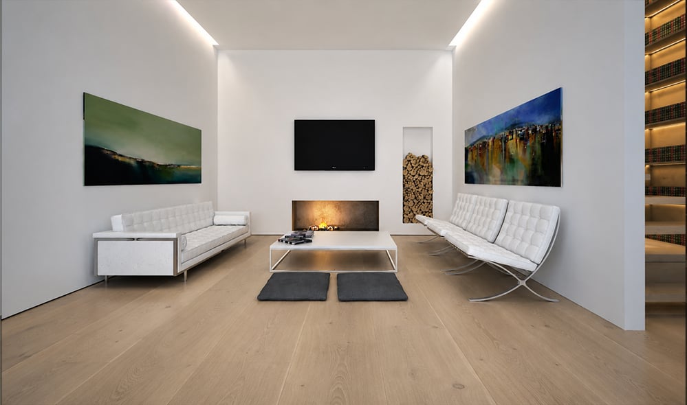 Sustainable new-build farmhouse living room with wide dinesen oak floorboards 