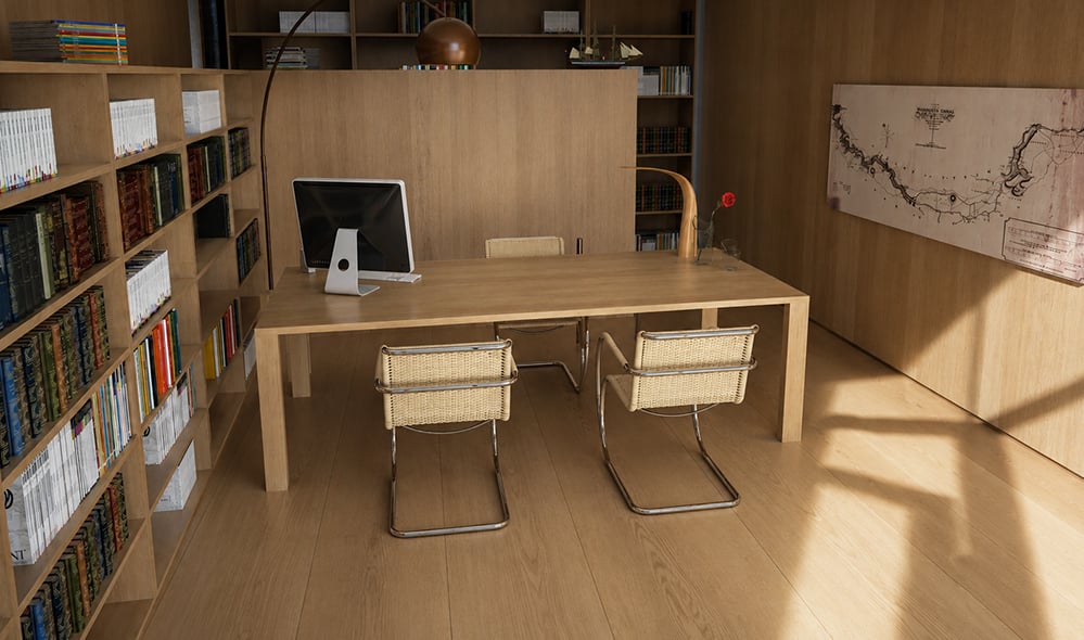 Sustainable new-build farmhouse study with wide dinesen oak floorboards and copper light shades