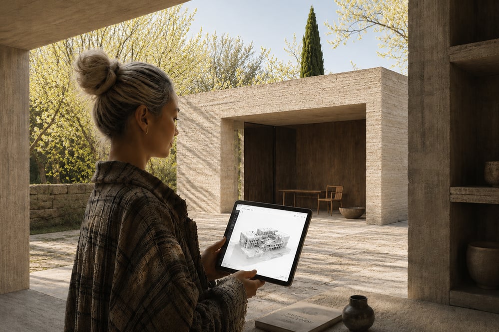 An architect stands in a sheltered courtyard holding an iPad displaying a bright 3D BIM model of a building. Beyond, a garden pavilion is formed from pale textured stone and dark timber, with deep recessed openings and a contemplative, monolithic character. Warm spring morning sunlight filters through blossoming trees, casting soft shadows across the stone paving. Natural materials, muted tones, and carefully framed views create a calm atmosphere that blends architecture, landscape, and craftsmanship.