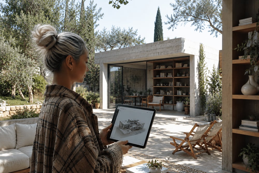 Client reviewing a BIMx architectural model on an iPad inside a contemporary low-energy home with Mediterranean landscaping, olive trees, natural stone and modern concrete architecture near Barcelona in Catalonia, designed in the style of RISE Design Studio.