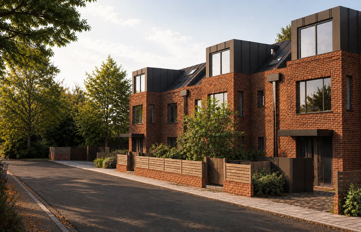 Contemporary London townhouse development with brick facades, dark metal dormers and landscaped front gardens, showcasing sustainable urban residential architecture and developer-led housing design by RISE Design Studio