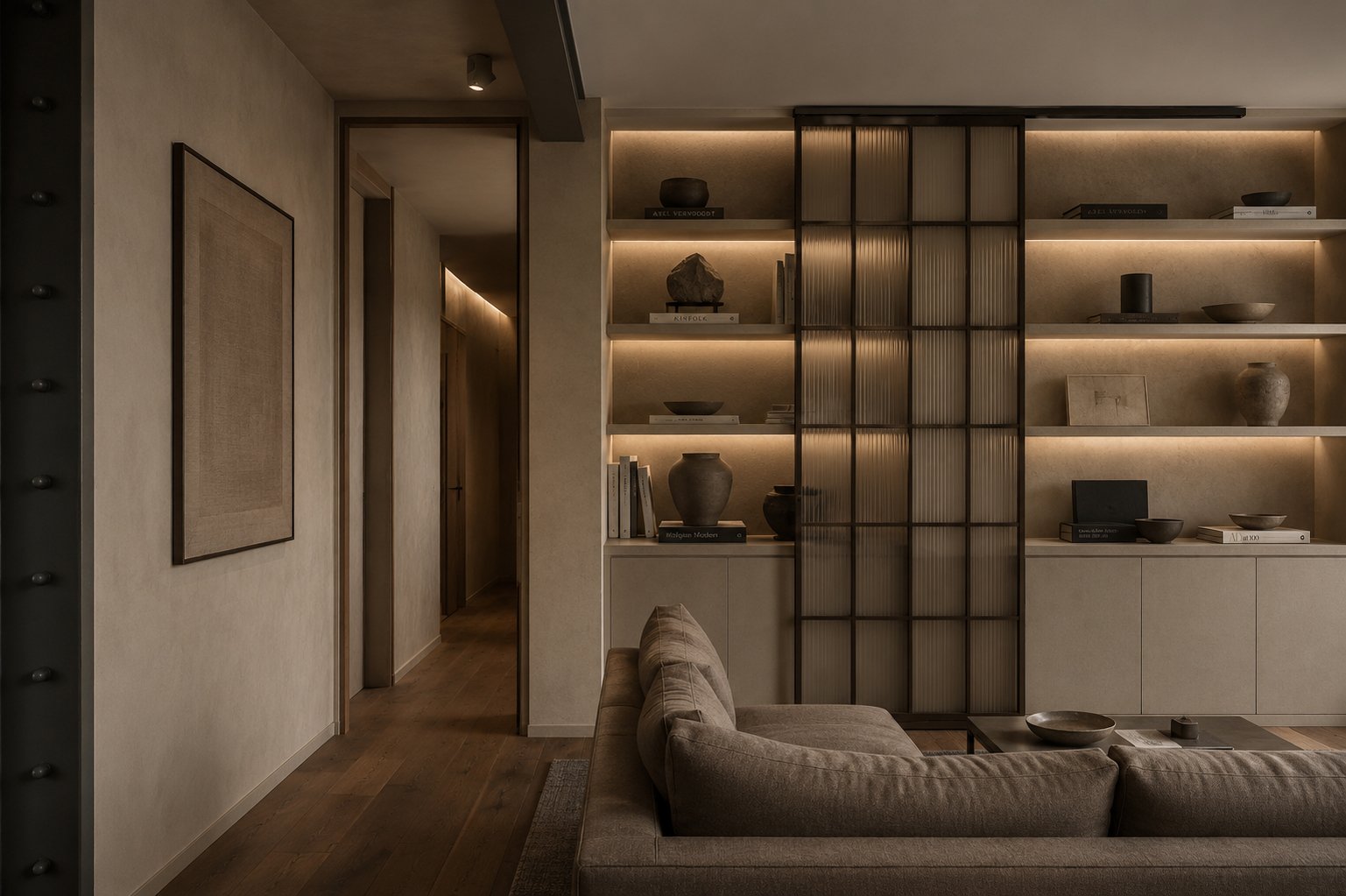 Contemporary minimalist living room with warm clay plaster walls, smoked oak flooring, bespoke illuminated shelving, bronze-framed reeded glass sliding screen, soft neutral furnishings, and atmospheric architectural lighting creating a calm, tactile interior.