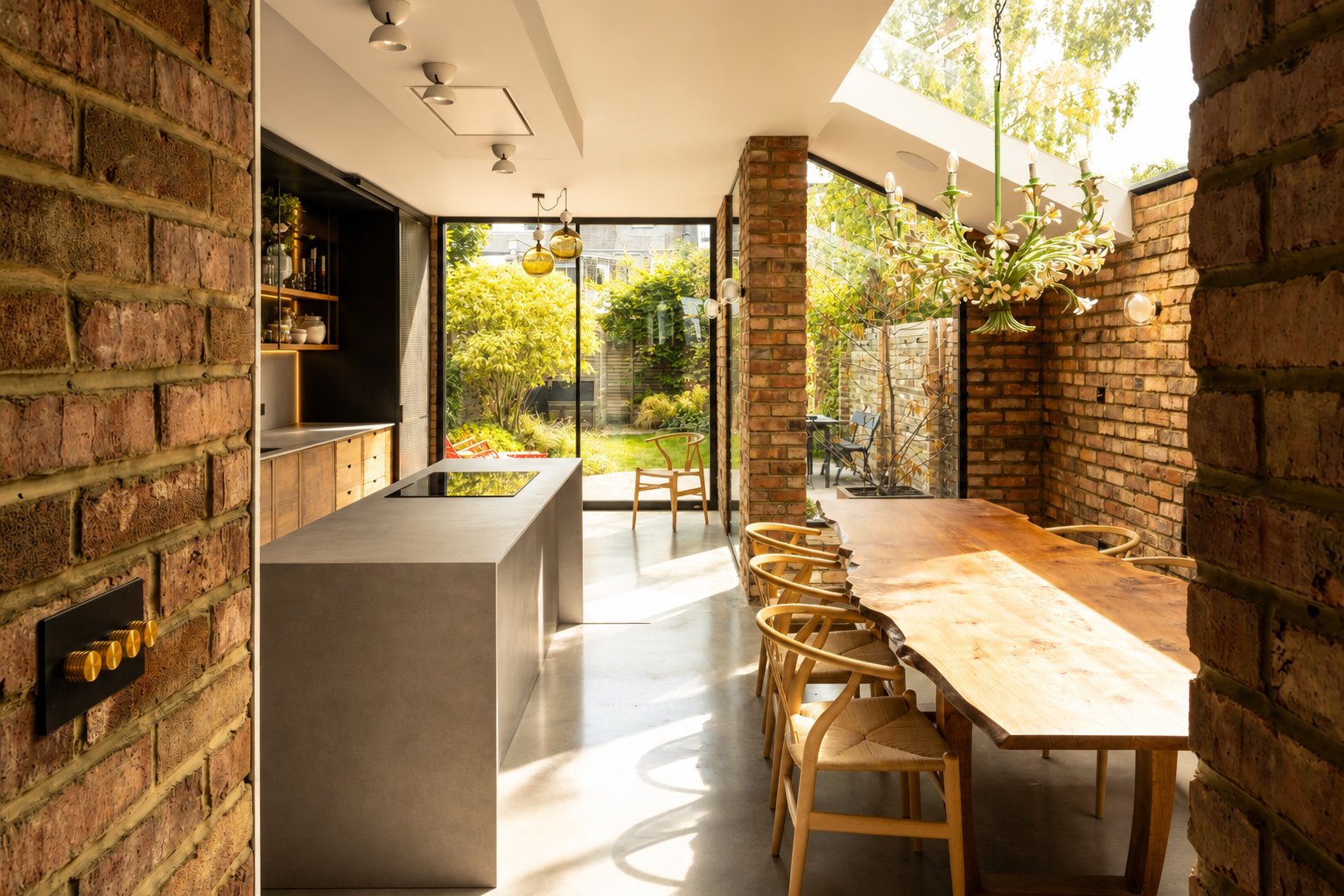 Contemporary kitchen and dining extension in a Queen’s Park Victorian house by RISE Design Studio, featuring reclaimed brick walls, polished concrete flooring, skylights, bespoke joinery, and large glazed openings connecting to the garden.