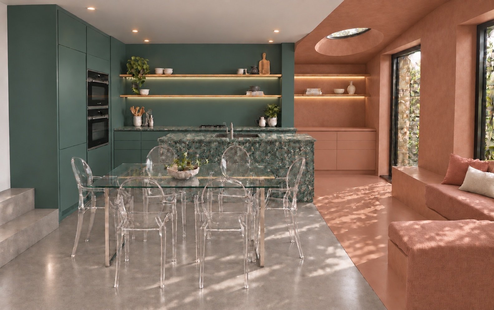 Scallop House kitchen concept with mineral green cabinets and a patterned island beside warm terracotta walls, floor and built-in window seating.