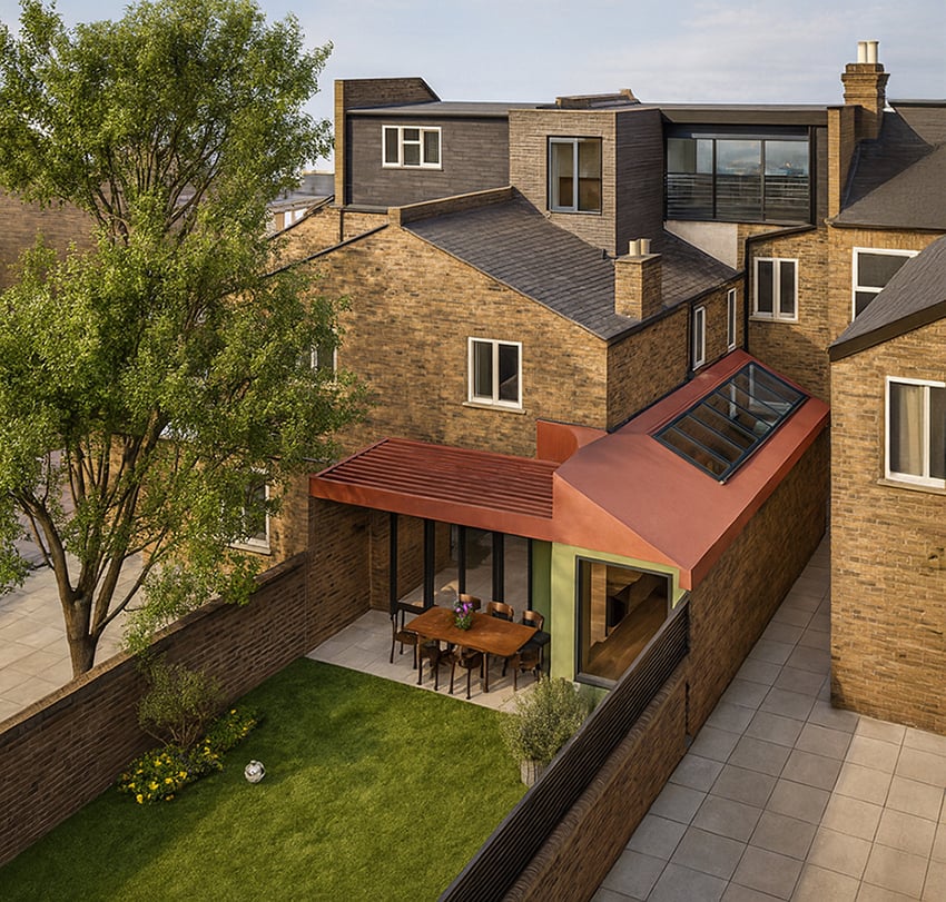 Aerial photograph of Rose Canopy House in Kensal Rise showing the sustainable single-storey extension, rose-coloured canopy with sun-responsive fins, upgraded rooflights and enhanced garden connection as part of the low-energy AECB retrofit.