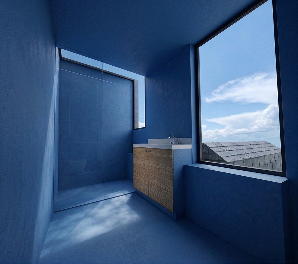 Blue cobalt lime render bathroom with timber vanity and large roofscape window, Scallop House Stoke Newington N16. First-floor extension by RISE Design Studio. Sustainable residential architecture London.