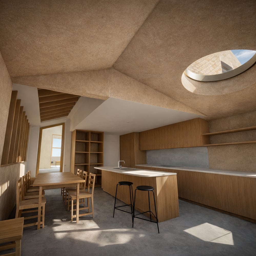 Folded clay plaster vaulted ceiling with elliptical oculus rooflight over oak kitchen, Scallop House Winston Road N16. CGI visualisation. Sustainable Victorian terrace extension. RISE Design Studio.