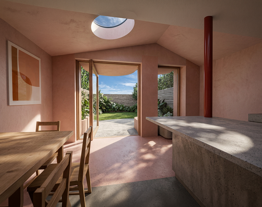 View through timber-framed opening into Scallop House kitchen, Stoke Newington. Two elliptical rooflights in vaulted ceiling, polished concrete floor, dining table beyond. RISE Design Studio N16.