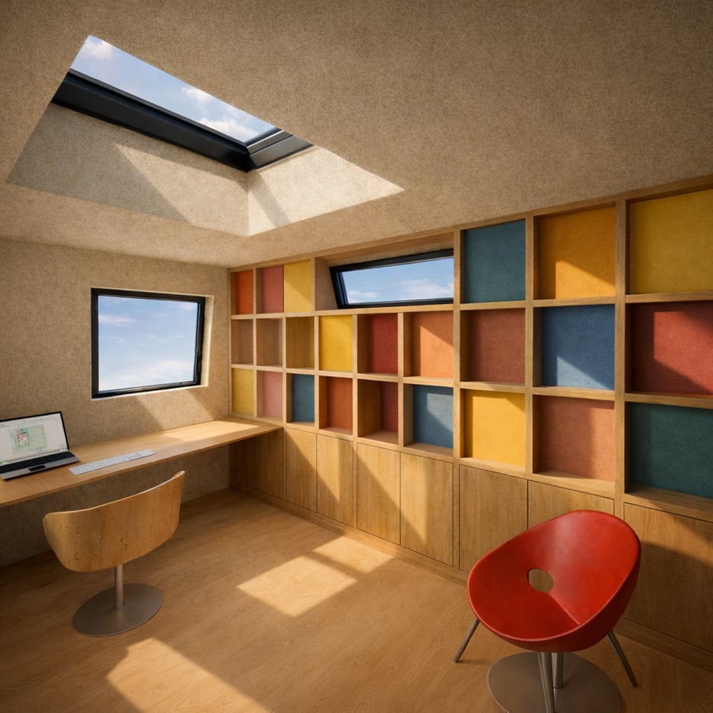 Hemp board home study with colour-blocked oak shelving and dual rooflights. Scallop House loft, Winston Road N16. CGI visualisation. Natural materials. RISE Design Studio London.