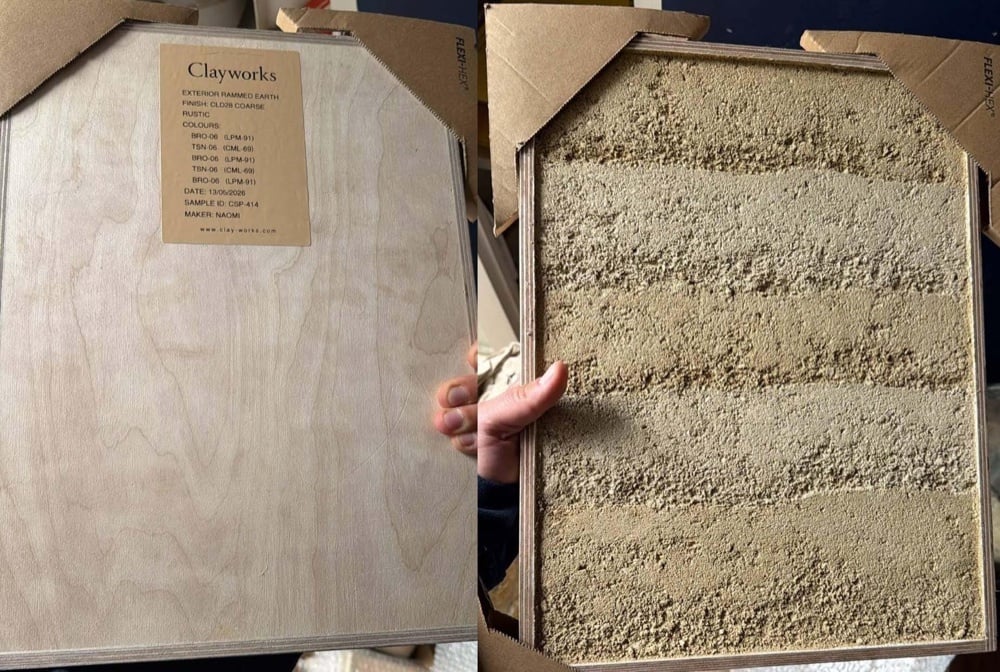 Two views of a Clayworks sample board showing its labelled plywood back and coarse, sandy render face with horizontal rammed earth effect bands.