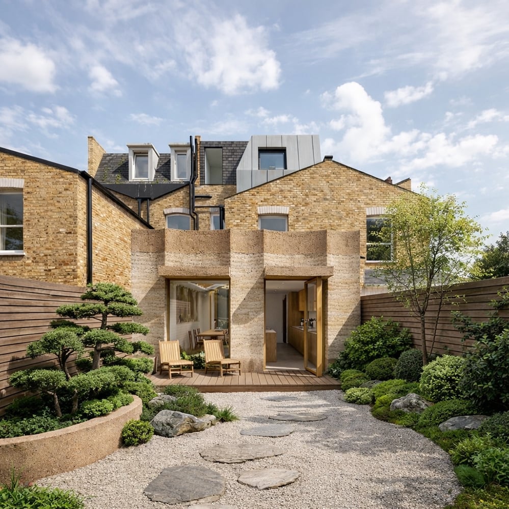 Buff lime render rear extension on Victorian yellow-brick terrace, Stoke Newington N16 CGI. Japanese garden, timber deck and oak kitchen visible. RISE Design Studio London.