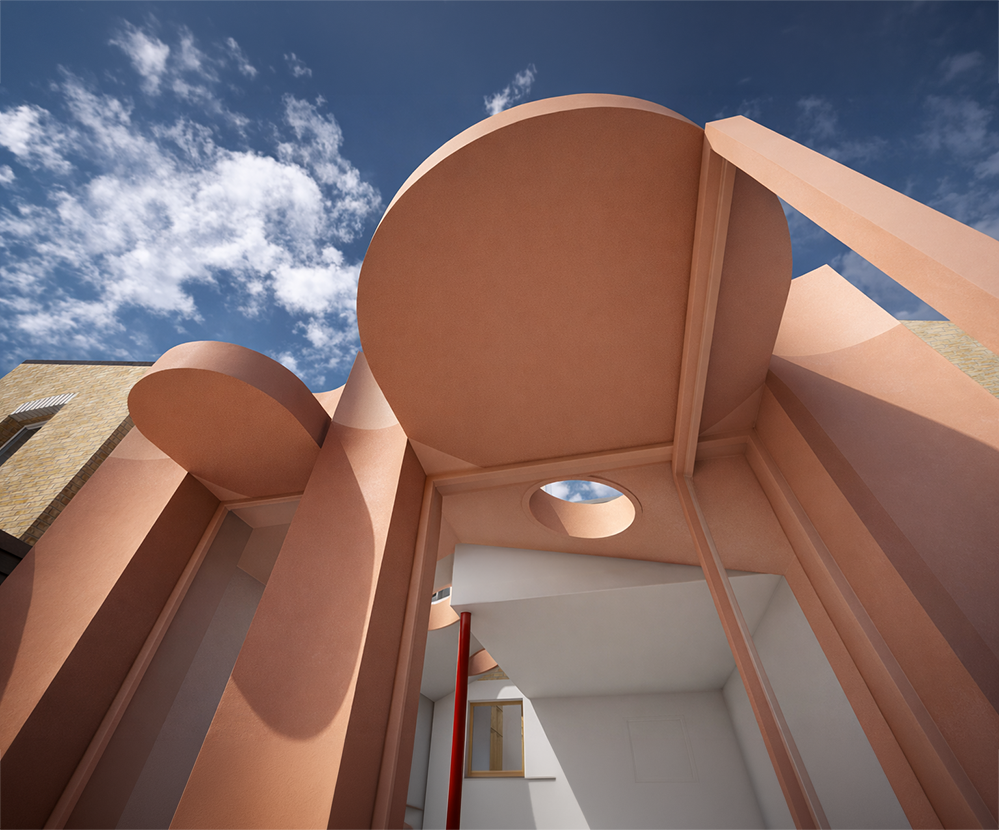 Upward view of sculptural pink render roofline and elliptical rooflight, Scallop House Winston Road N16. Curved forms against blue sky. Low-energy Victorian terrace extension by RISE Design Studio.