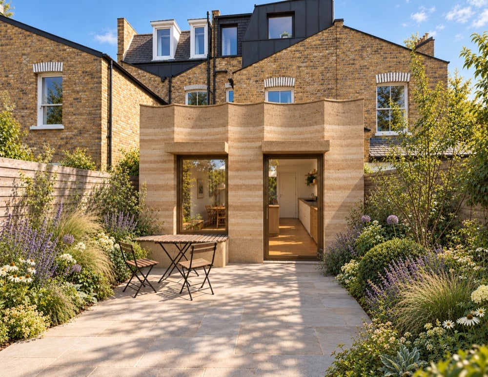 Garden-facing visualisation of Scallop House in Stoke Newington, showing a curved, sandy banded extension with two glazed openings, a planted patio and Victorian yellow brickwork above.