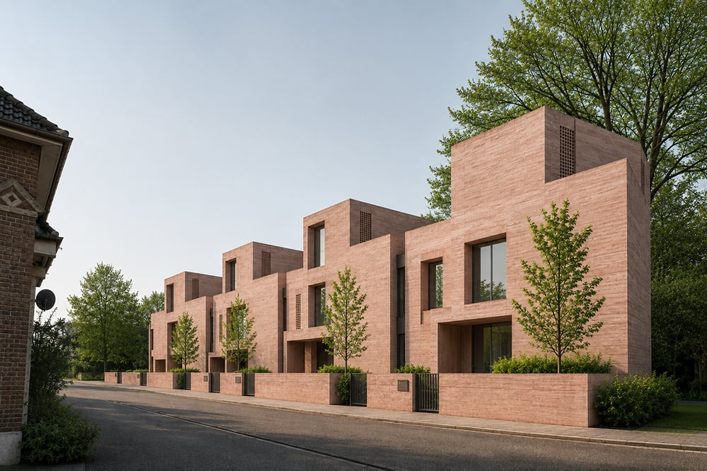 A row of contemporary three-storey townhouses in pale pinkish brick, with stepped, stacked forms, deep window reveals and recessed terraces, set behind low brick walls and young street trees. An older brick house stands at the near corner. RISE Design Studio.