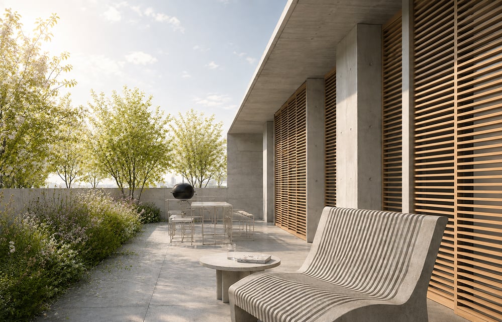 Timber louvred solar shading on the south-facing facade of a rear extension, reducing overheating while filtering daylight onto a planted terrace in London