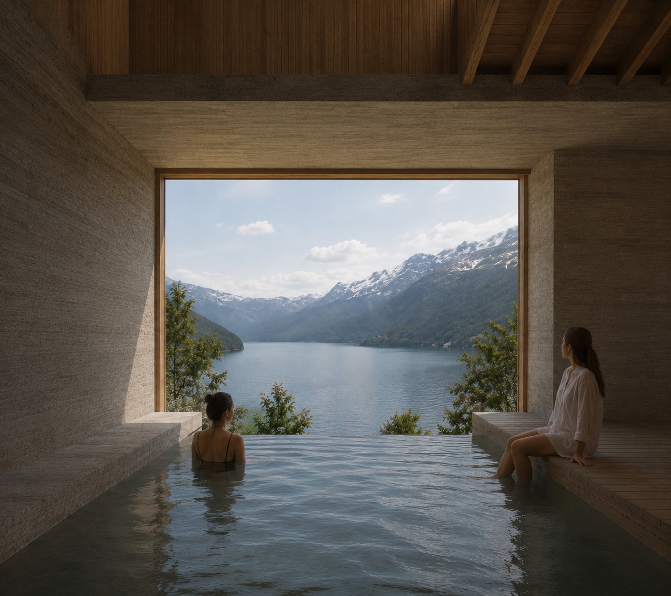 Interior render of a spa pool room with textured stone walls and a timber-beamed ceiling, two figures in and beside the water, and a large square opening framing a lake with snow-capped mountains and trees beyond. RISE Design Studio.