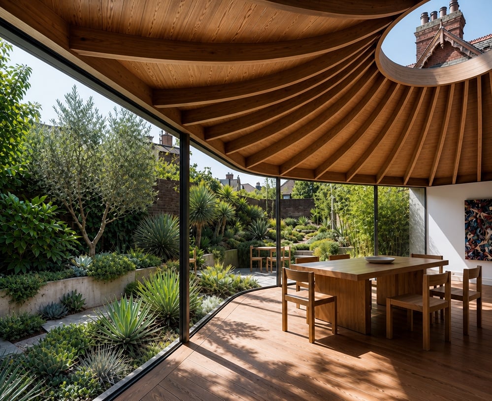 Interior of a curved timber extension in London showing radiating glulam ceiling ribs, full-width glazing, timber dining furniture and a lush planted garden beyond. Exploring Superwood and advanced timber in sustainable residential architecture by RISE Design Studio.