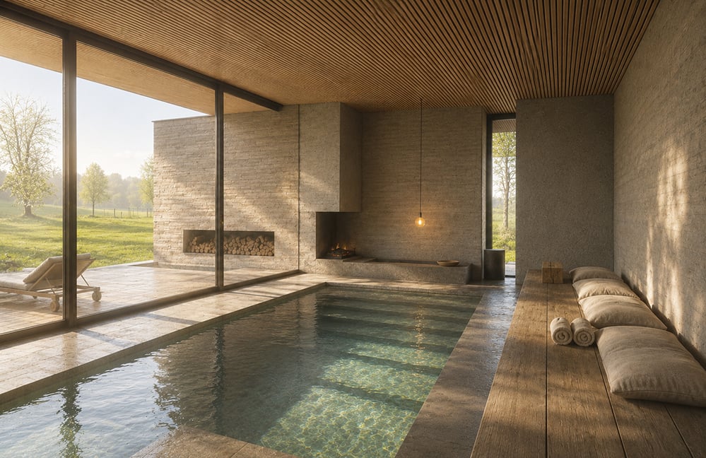 Indoor spa and wellness room within a contemporary Surrey new-build house featuring exposed concrete, locally sourced stone walls, a thin timber slat ceiling, a reflective plunge pool and floor-to-ceiling glazing overlooking a spring landscape.