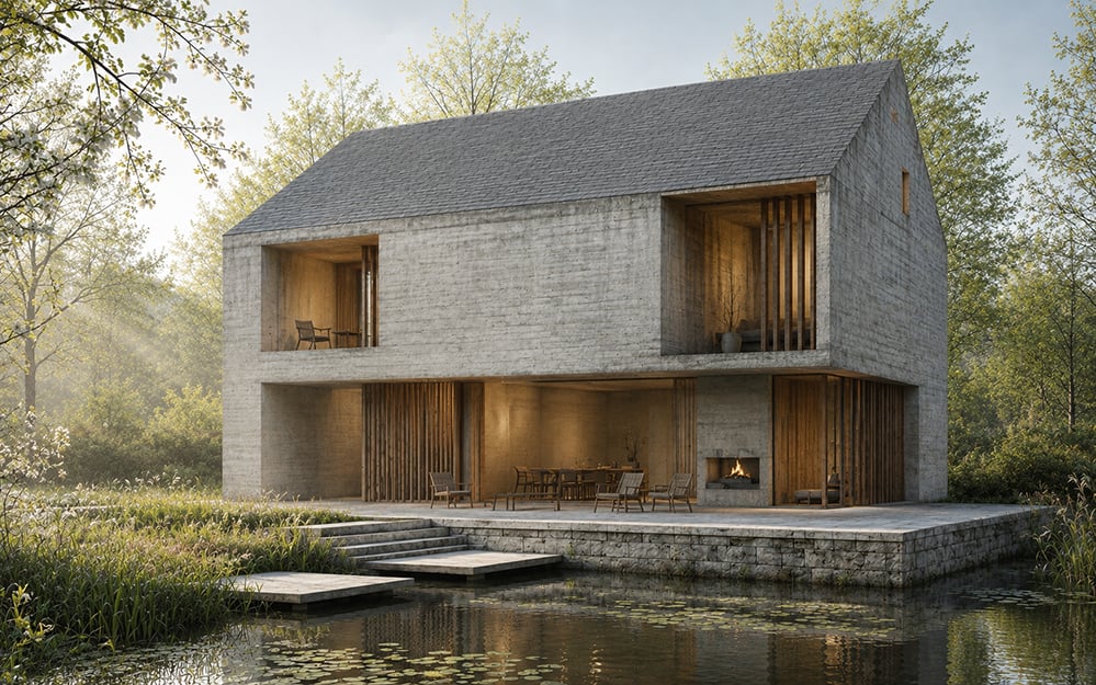 A contemporary house sits quietly beside a reflective pond at dusk, surrounded by mature woodland. The building combines a simple pitched-roof form with monolithic textured concrete walls and deep recessed openings. Vertical timber screens and warm amber lighting create a sense of intimacy and shelter, contrasting with the cool grey exterior. Large openings frame carefully composed views into sparsely furnished interiors, where natural materials and soft light evoke calm and contemplation. Stone terraces step gently down towards the water, whose still surface mirrors the architecture and surrounding landscape. The overall atmosphere is serene, tactile, and deeply connected to nature, emphasising materiality, shadow, and silence.