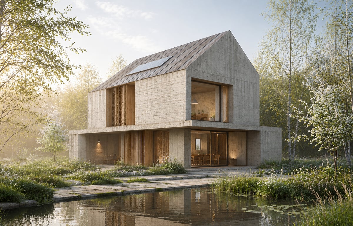 Contemporary Passivhaus new-build house in Surrey with board-formed concrete walls, timber screening and rooftop solar panels, set within a naturalistic landscape featuring a wildlife pond and spring planting.