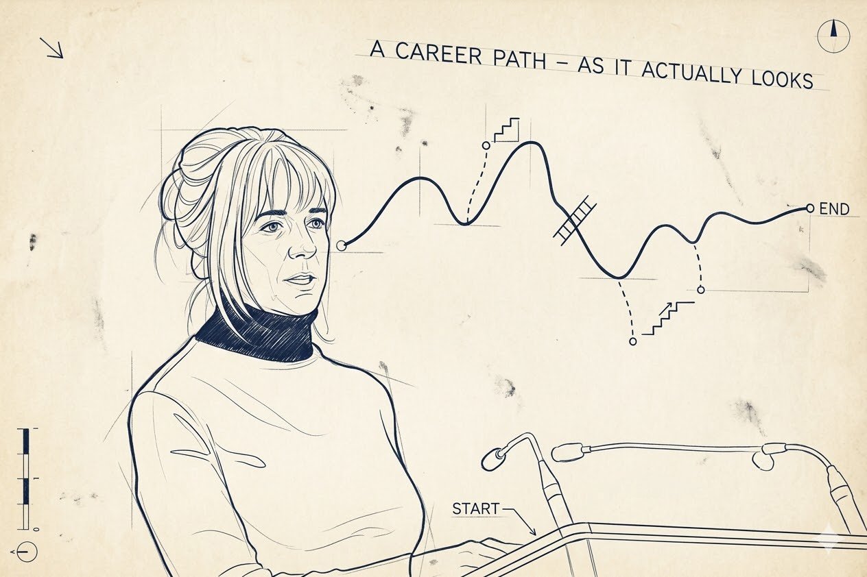 A Career Path As It Actually Looks - diagram presented at an IWD lecture showing a winding route with dead ends, a reminder that progress is never linear