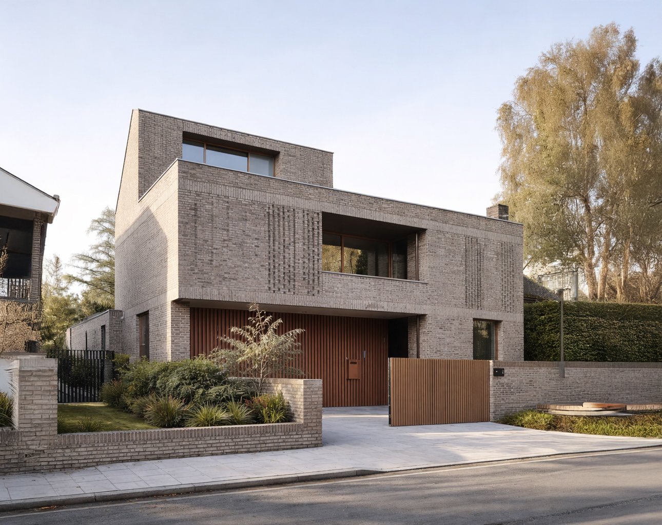 Low-energy contemporary brick house in London designed by a sustainable architect, featuring fabric-first detailing, deep reveals, high-performance windows, and a robust, climate-responsive envelope focused on long-term comfort and reduced energy use.