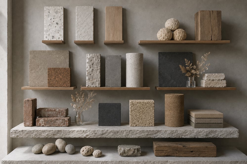 RISE Design Studio sustainable material palette showcasing low-carbon architectural materials including reclaimed timber, terrazzo, natural stone, lime-based materials, recycled aggregates, cork and concrete samples for environmentally conscious building design.