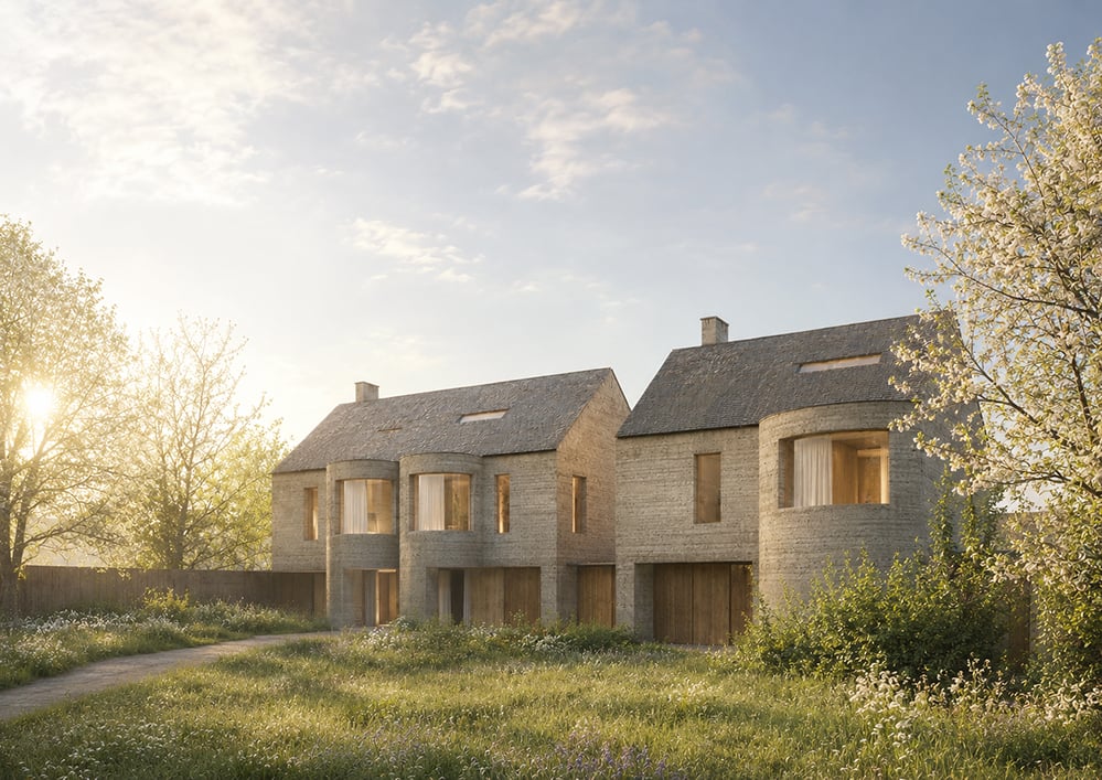 Architectural visualisation of three low-energy homes on a backland development site, featuring natural materials, biodiverse landscaping and compact sustainable housing designed within an established residential neighbourhood. RISE Design Studio