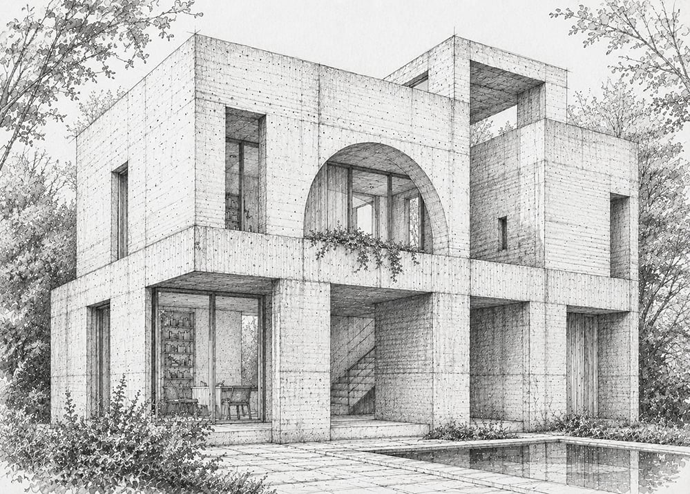 Black-and-white architectural sketch of a contemporary concrete house outside Barcelona with geometric forms, deep recessed openings and minimalist landscaping, illustrating a sustainable low-energy residential concept inspired by Mediterranean architecture