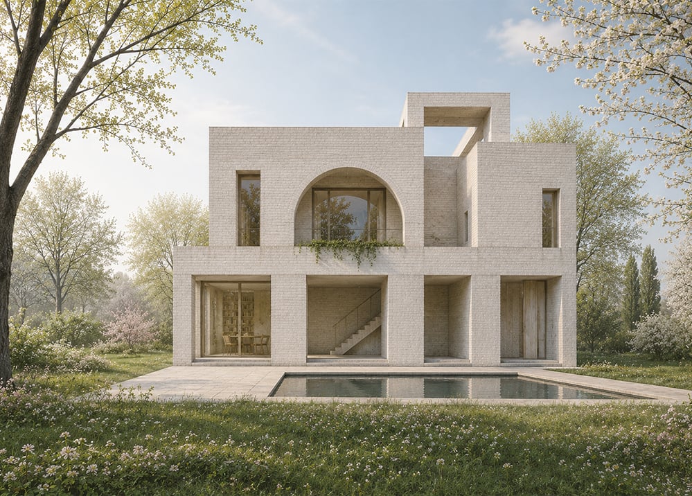Contemporary brick house with minimalist architecture, deep recessed openings and a sculptural arched balcony overlooking a reflective pool. Set within a landscaped spring garden, the low-energy family home combines natural materials, generous daylight and timeless geometric design.